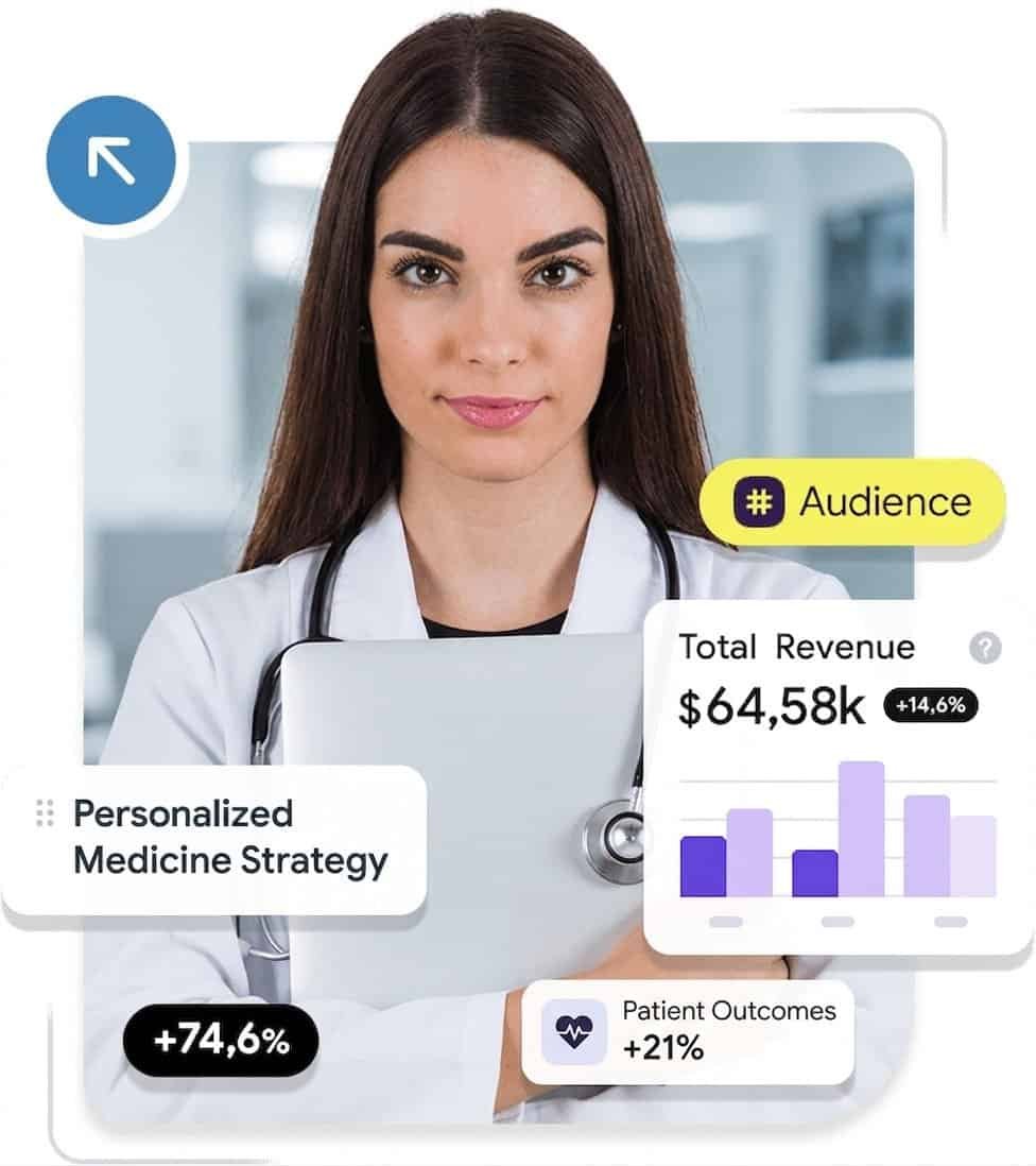 Medical professional with data analytics for healthcare marketing.