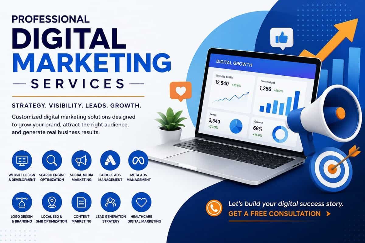 Digital Marketing Services by The Ashez Digital SolutionsProfessional digital marketing services including website design, SEO, social media marketing, Google Ads, Meta Ads, branding, and lead generation.
